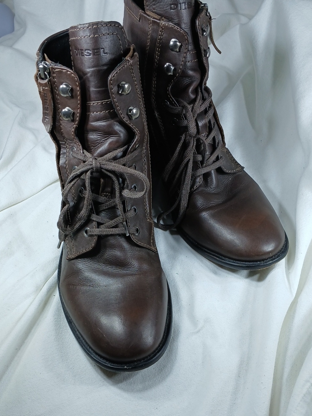 Diesel mens Dark Brown Leather Lace-Up Combat Boots w leather soles